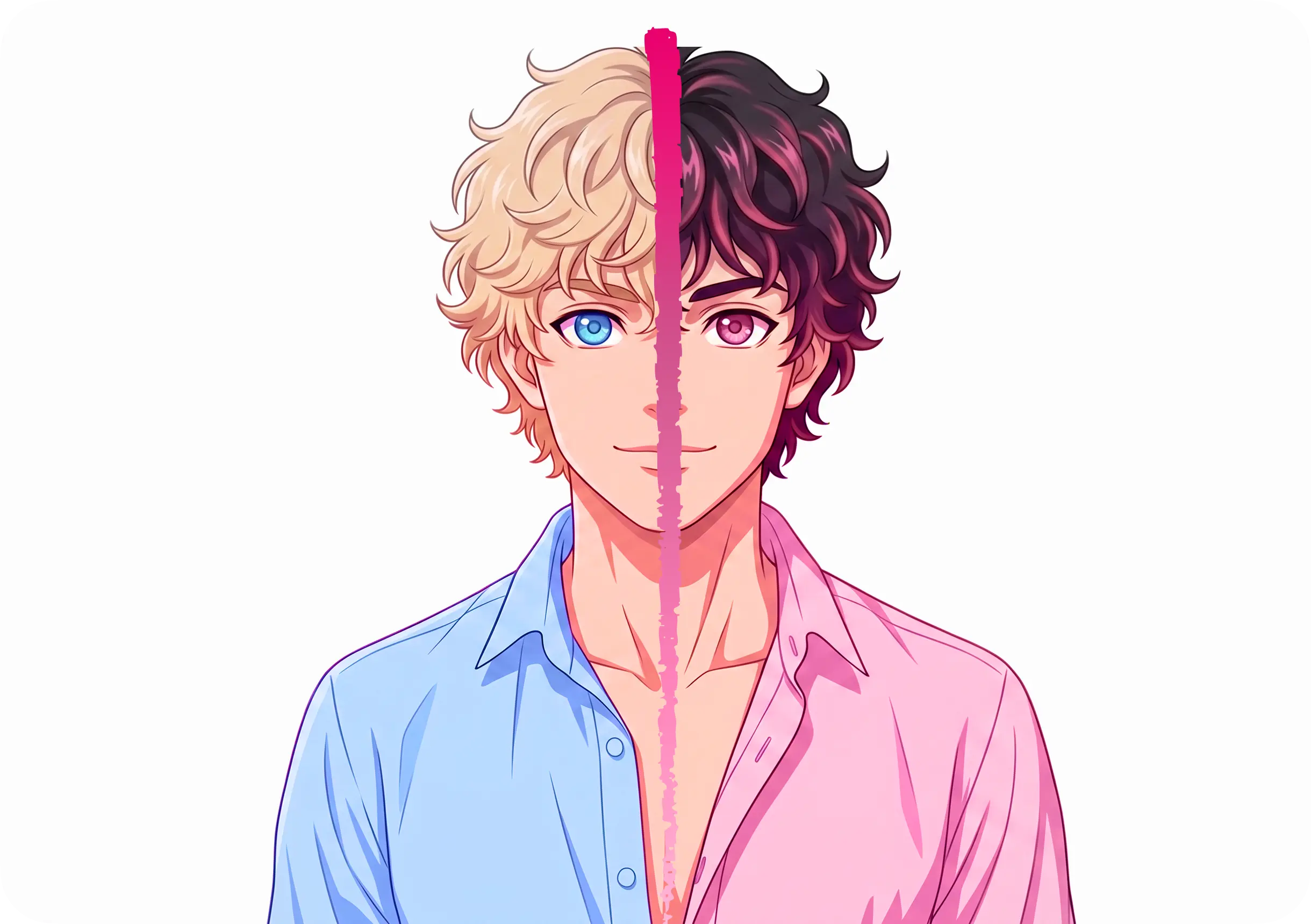One AI anime boyfriend shown in two looks — blond and dark-haired halves of the same portrait